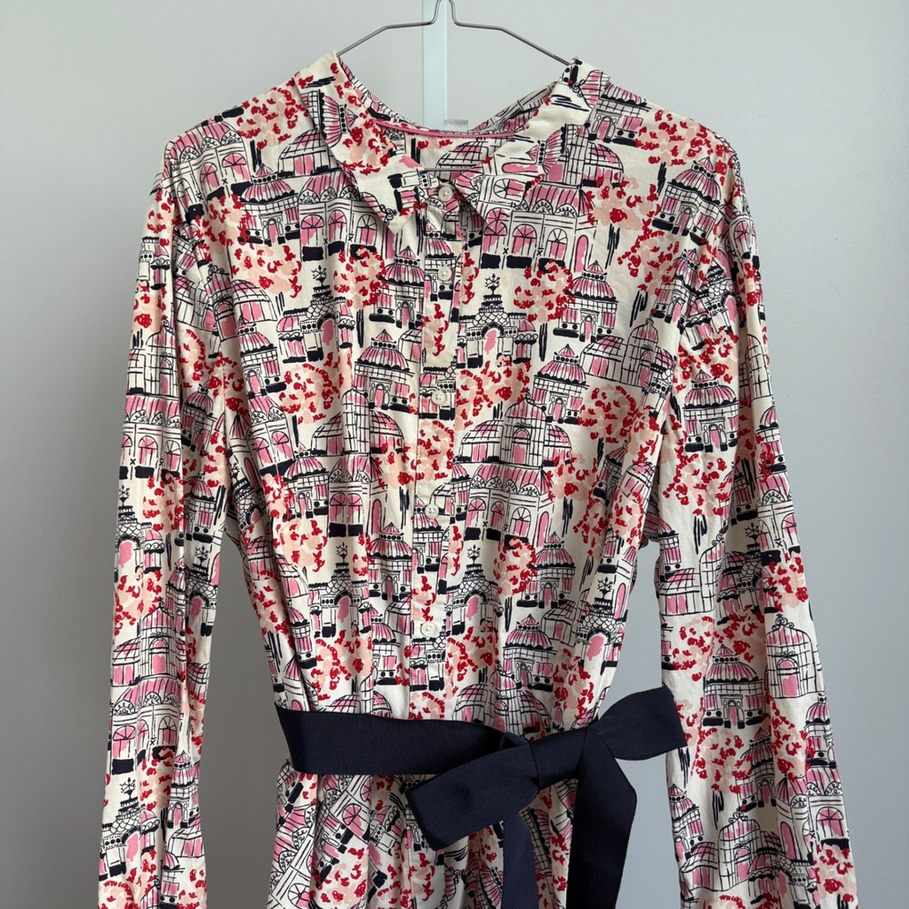 Boden Cotton Paris Print Quirky Art to Wear Belted Collared Shirt Dress 16 Pink - Picture 2 of 8